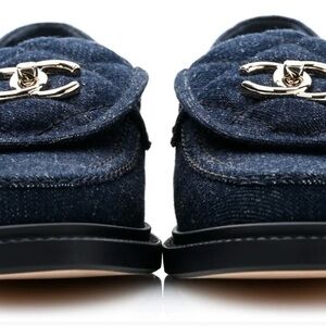 CHANEL Navy Denim Loafers featuring a Gold CC turnlock